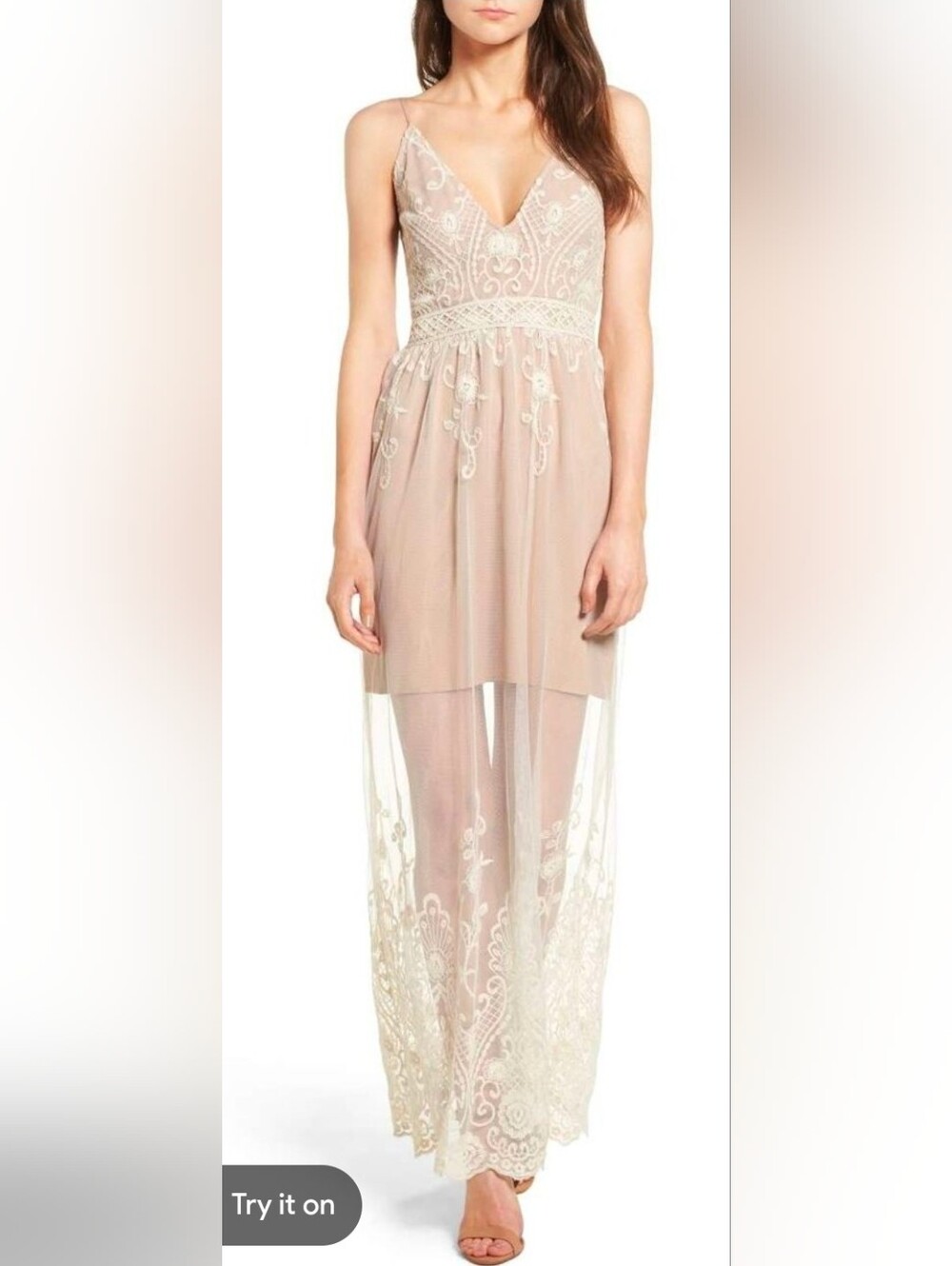 Wayf Women's Clara Embroidered Mesh Maxi Dress Sheer Lace Overlay S